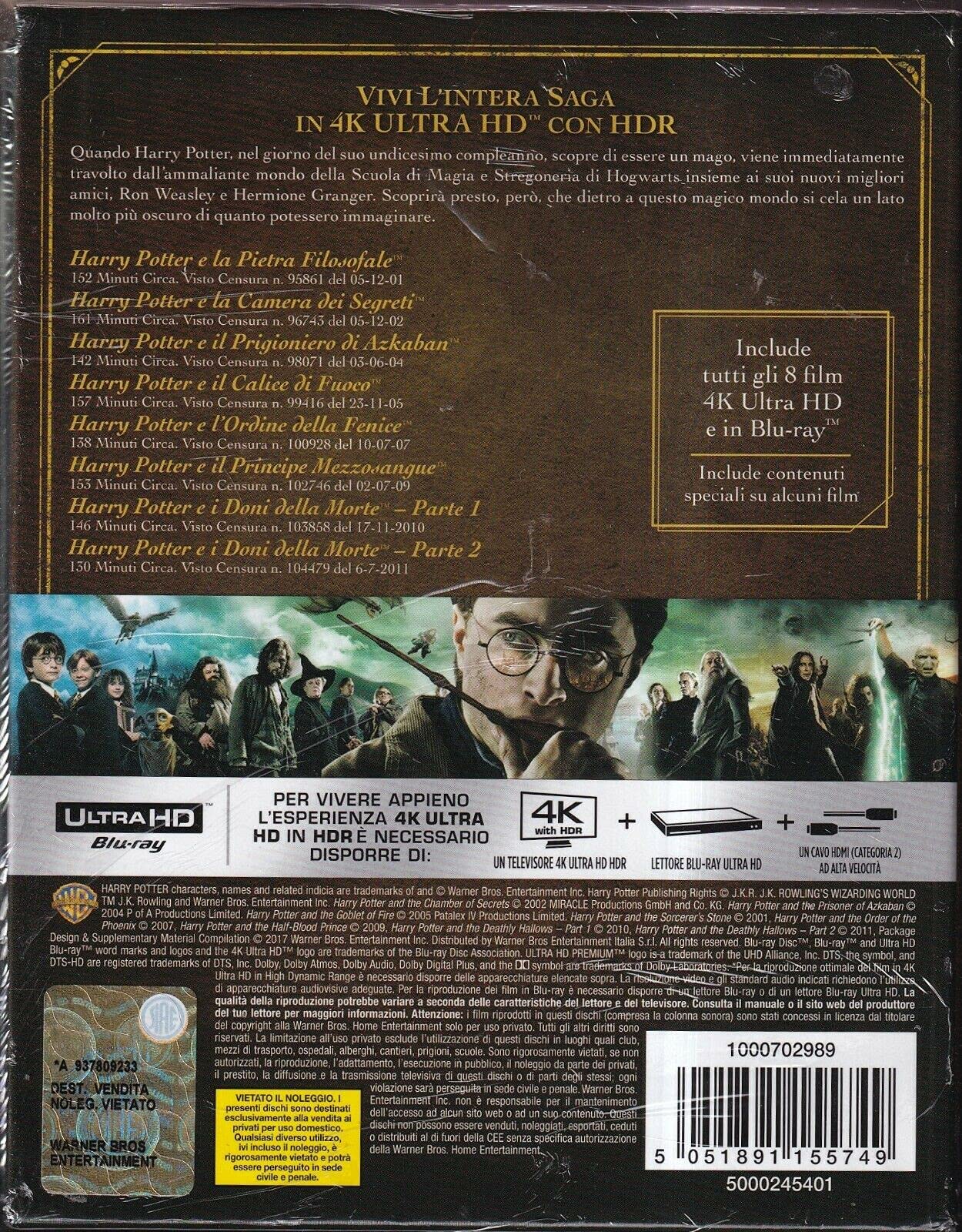 Harry Potter 1-8 Collezione Completa (Box 16 Blu-Ray 4K Ultra-HD)