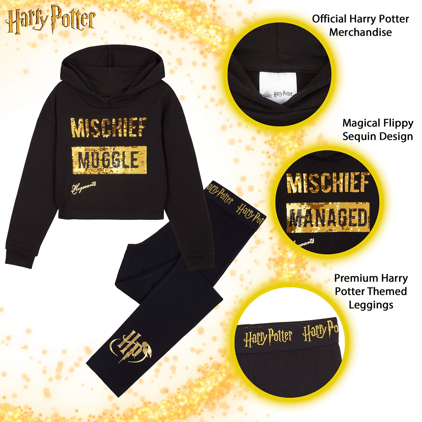 Harry Potter Felpa Corta Con Cappuccio Per Bambina E Ragazza E Leggings In Cotone 6-14 Anni, Abbigliamento Ufficiale, Magiche Idee Regalo (Nero, 13-14 anni)