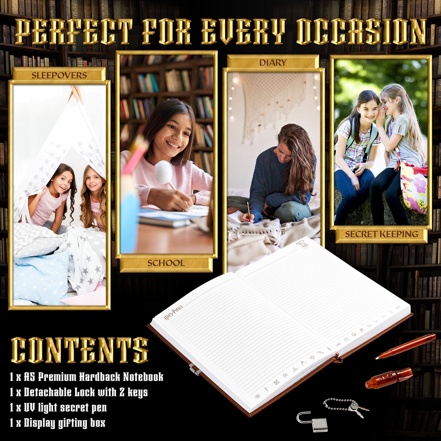 Harry Potter Diario Segreto Bambina con Lucchetto e Penna Magica Inchiostro Invisibile con Luce UV | Cartoleria Kawaii con Taccuino del Hogwarts | Regali per Ragazze