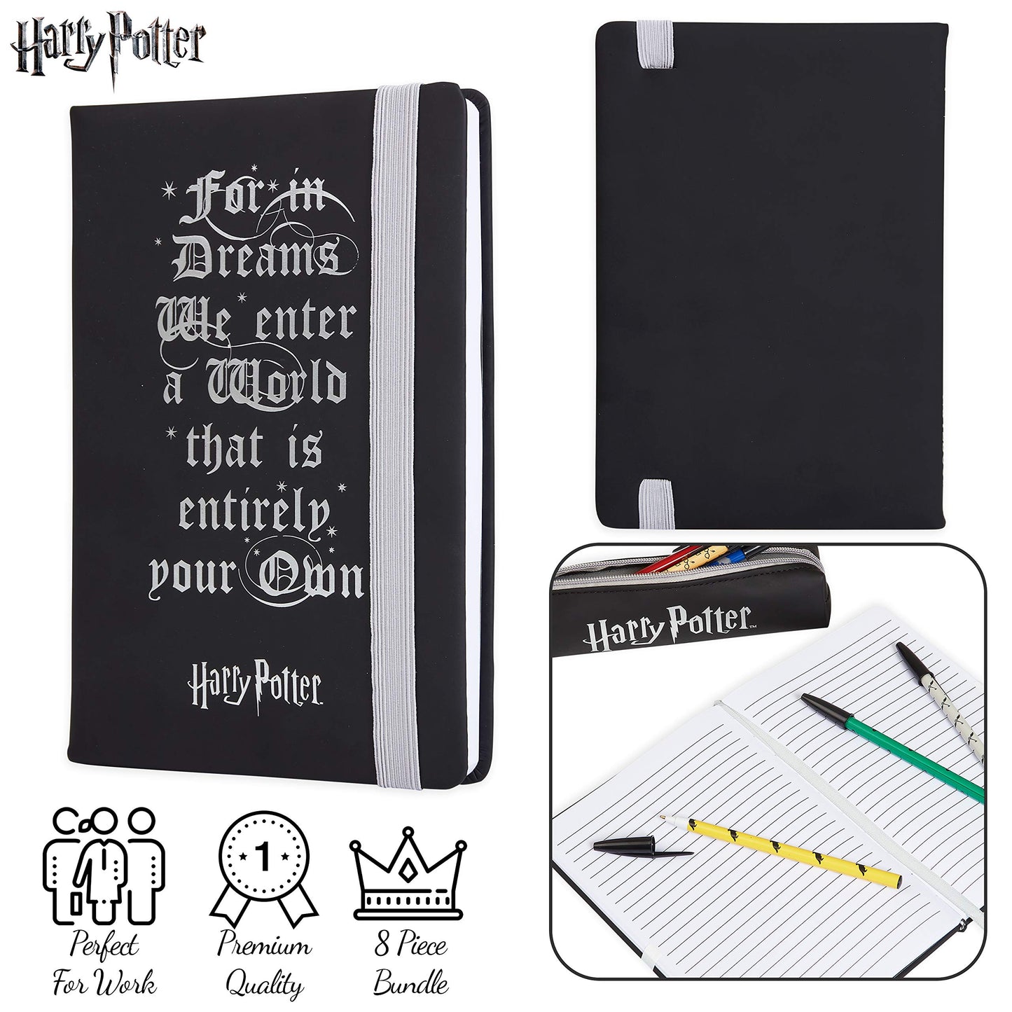 Harry Potter Set Cancelleria Kit di Cartoleria con Agenda A5 Astuccio e Set Penne Harry Potter Gadget Originale (Nero/Multi)