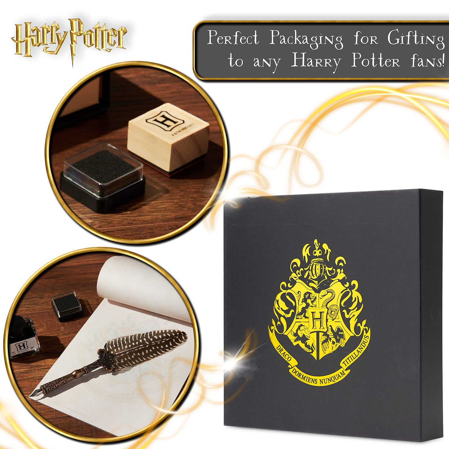 Harry Potter Penna Piuma con Calamaio, Set con Carta da Lettere e Buste, Sigillo Hogwarts e Timbro, Gadget Originali